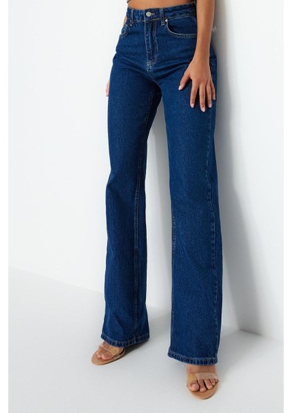 Stil Kadın Moda Denim Kot Pantolon Uzun Geniş Paça Mavi Yüksek Bel Jeans