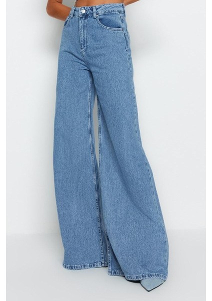 Stil Kadın Moda Denim Kot Pantolon Uzun Geniş Paça Mavi Yüksek Bel Ekstra Palazzo Jeans