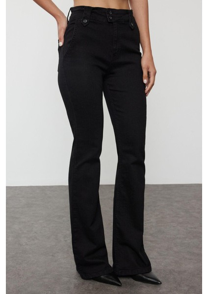 Stil Kadın Moda Denim Kot Pantolon Ispanyol Paça Bel Detaylı Yüksek Bel Jeans fırsatları