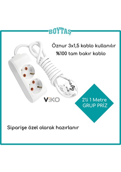 2'li 1 Metre Grup Priz-Beyaz(Öznur 3*1,5 Kablo Kullanılır)