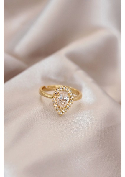 Ayarlamalı Gold Renk Metal Zirkon Taşlı Damla Model Yüzük - TJ-BYK2071