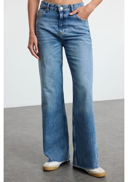 Kadın Moda Şık Kot Pantolon Geniş Paça Uzun Boy Denim Mavi Yüksek Bel Jeans