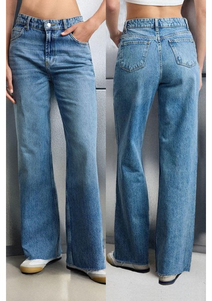 Kadın Moda Şık Kot Pantolon Geniş Paça Uzun Boy Denim Mavi Yüksek Bel Jeans