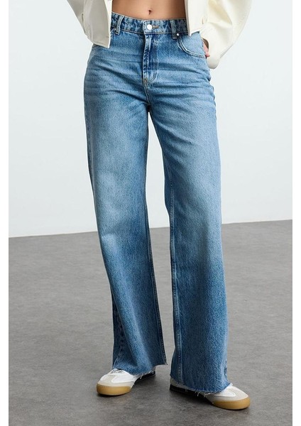 Kadın Moda Şık Kot Pantolon Geniş Paça Uzun Boy Denim Mavi Yüksek Bel Jeans