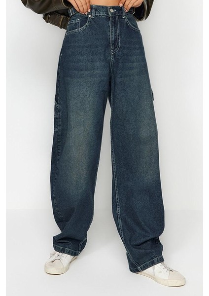Stil Kadın Moda Denim Kot Pantolon Boru Paça Yıkama Efektli Bol Kesim Yüksek Bel Jeans