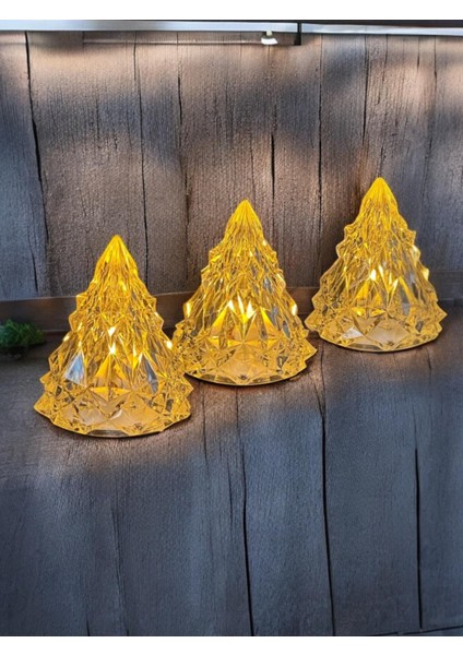 Kristal Elmas 3 lü Çam Ağacı Mum Seti 8 cm Yılbaşı Led Mum