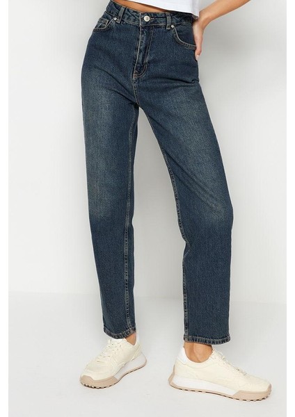 Stil Kadın Moda Denim Kot Pantolon Regular Boru Paça Mavi Yüksek Bel Slim Mom Jeans