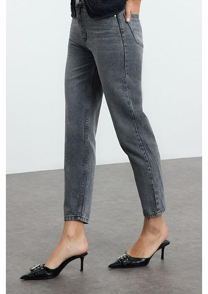 Stil Kadın Moda Denim Kot Pantolon Regular Dar Paça Antrasit Yüksek Bel Mom Jeans