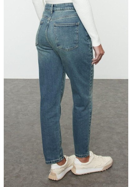 Stil Kadın Moda Denim Kot Pantolon Uzun Dar Paça Mavi Yüksek Bel Comfort Mom Jeans