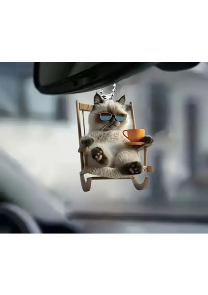 Sevimli Keyifli Kedi (2 Boyutlu) Kahve Içen Kedi Dikiz Aynası, Çanta Süsü