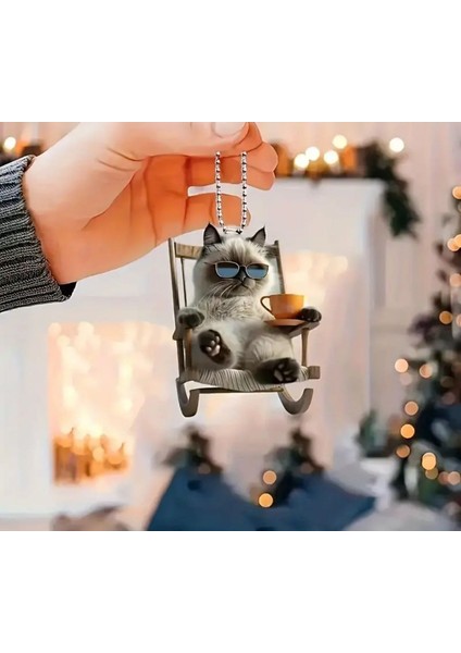 Sevimli Keyifli Kedi (2 Boyutlu) Kahve Içen Kedi Dikiz Aynası, Çanta Süsü