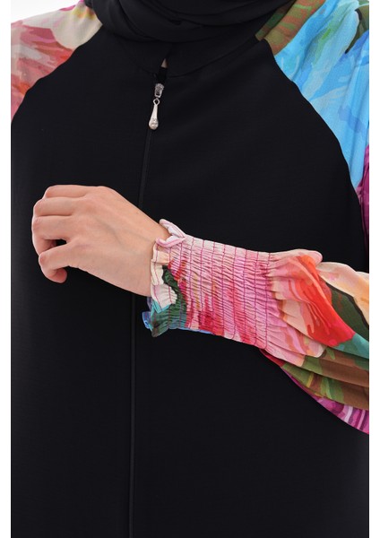 GİGİTEX Siyah Krep Kollar Çiçek Baskı Detaylı Ferace indirimleri