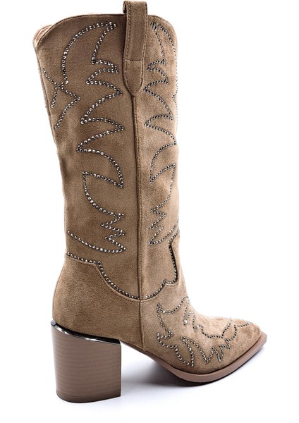 G24K131 Taşlı Kadın Süet Camel Renk Western Kovboy Bot Çizme fırsatları