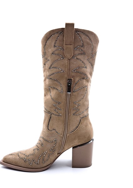 G24K131 Taşlı Kadın Süet Camel Renk Western Kovboy Bot Çizme fiyatları