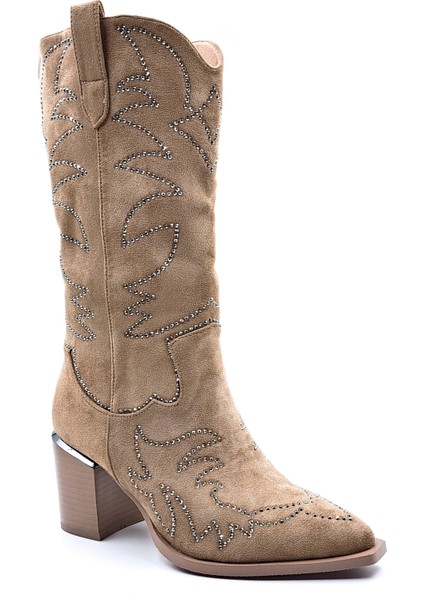 G24K131 Taşlı Kadın Süet Camel Renk Western Kovboy Bot Çizme modelleri