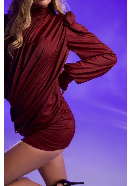 Bordo Drapeli Mini Elbise