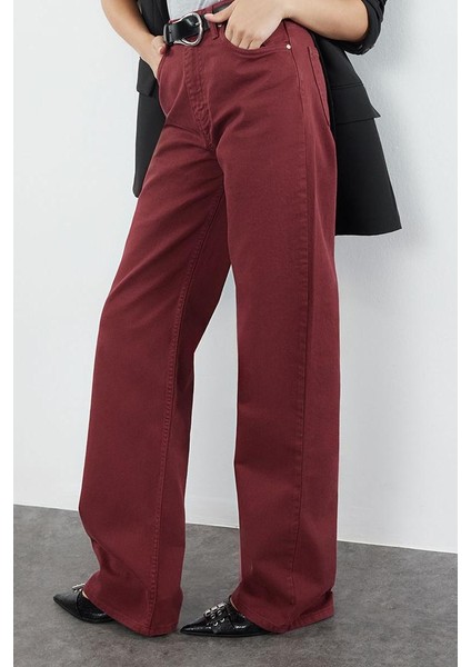 Kadın Moda Şık Kot Pantolon Geniş Paça Uzun Boy Denim Bordo Yüksek Bel Jeans
