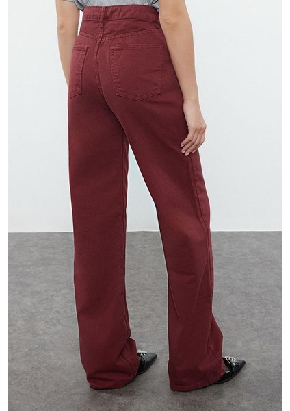 Kadın Moda Şık Kot Pantolon Geniş Paça Uzun Boy Denim Bordo Yüksek Bel Jeans fırsatları
