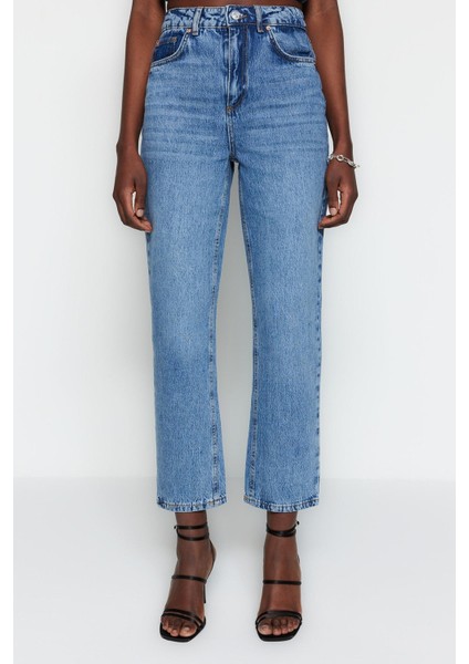 Kadın Moda Şık Kot Pantolon Boru Paça Regular Boy Denim Mavi Yüksek Bel Straight Jeans fiyatları