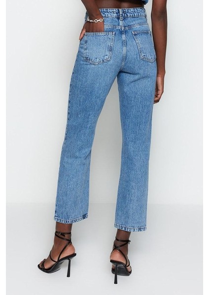 Kadın Moda Şık Kot Pantolon Boru Paça Regular Boy Denim Mavi Yüksek Bel Straight Jeans indirimleri
