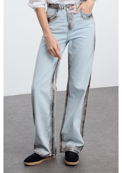 Kadın Moda Şık Kot Pantolon Geniş Paça Uzun Boy Denim Leopar Baskılı Yüksek Bel Jeans