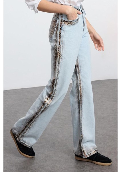 Kadın Moda Şık Kot Pantolon Geniş Paça Uzun Boy Denim Leopar Baskılı Yüksek Bel Jeans modelleri