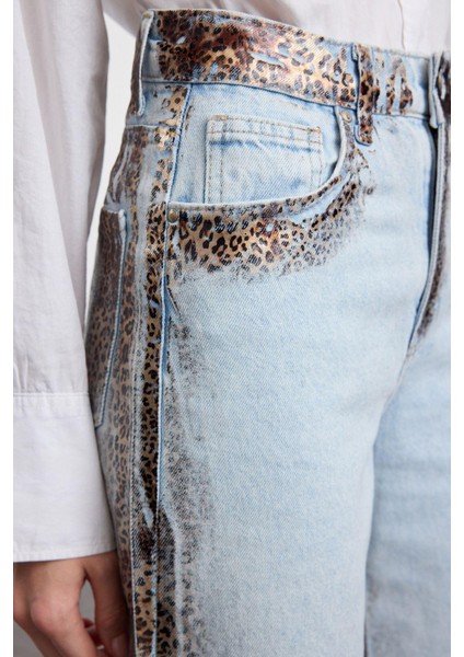 Kadın Moda Şık Kot Pantolon Geniş Paça Uzun Boy Denim Leopar Baskılı Yüksek Bel Jeans fırsatları