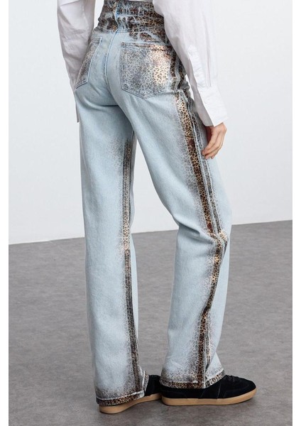 Kadın Moda Şık Kot Pantolon Geniş Paça Uzun Boy Denim Leopar Baskılı Yüksek Bel Jeans indirimleri