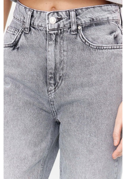 Kadın Moda Şık Kot Pantolon Geniş Paça Regular Boy Denim Gri Yüksek Bel Uzun Straight Jeans