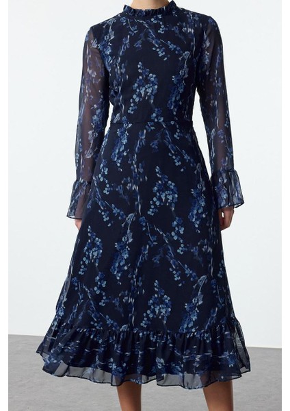 Kadın Moda Midi Boy Dik Yaka Regular Mavi Çiçek Desenli A Kesim Astarlı Şifon Dokuma Kışlık Elbise