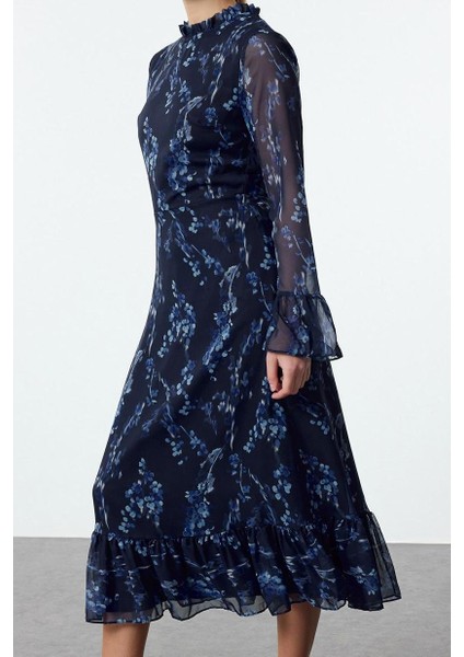 Kadın Moda Midi Boy Dik Yaka Regular Mavi Çiçek Desenli A Kesim Astarlı Şifon Dokuma Kışlık Elbise modelleri