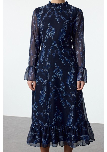 Kadın Moda Midi Boy Dik Yaka Regular Mavi Çiçek Desenli A Kesim Astarlı Şifon Dokuma Kışlık Elbise indirimleri