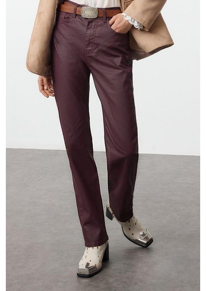 Kadın Moda Şık Kot Pantolon Geniş Paça Uzun Boy Denim Bordo Kaplamalı Yüksek Bel Straight Jeans