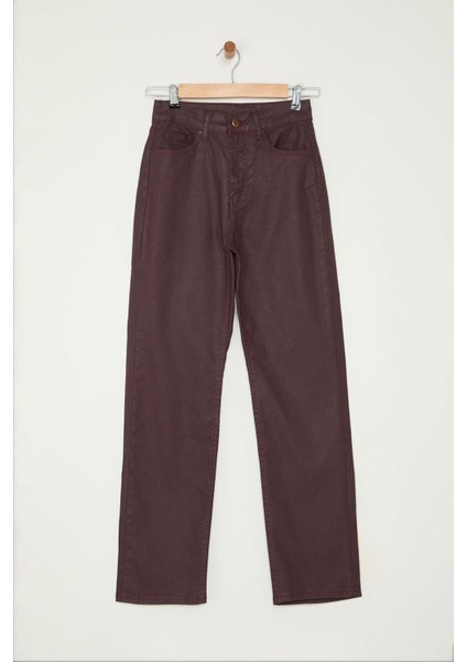 Kadın Moda Şık Kot Pantolon Geniş Paça Uzun Boy Denim Bordo Kaplamalı Yüksek Bel Straight Jeans fiyatları
