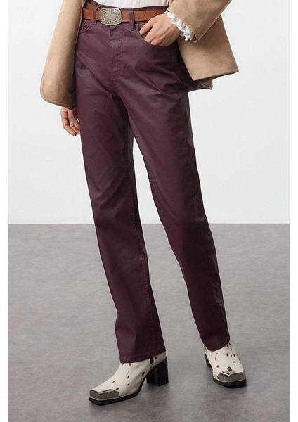 Kadın Moda Şık Kot Pantolon Geniş Paça Uzun Boy Denim Bordo Kaplamalı Yüksek Bel Straight Jeans modelleri