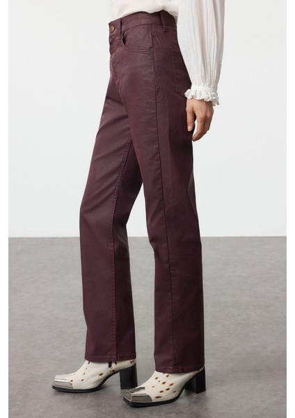 Kadın Moda Şık Kot Pantolon Geniş Paça Uzun Boy Denim Bordo Kaplamalı Yüksek Bel Straight Jeans fırsatları
