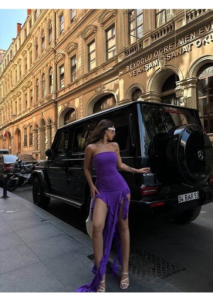 Straplez Saçaklı Midi Elbise modelleri