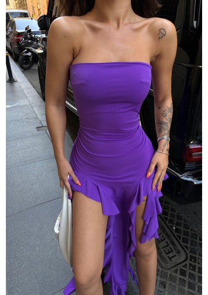 Straplez Saçaklı Midi Elbise indirimleri