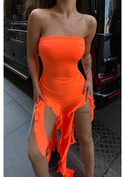 Straplez Saçaklı Midi Elbise fiyatları