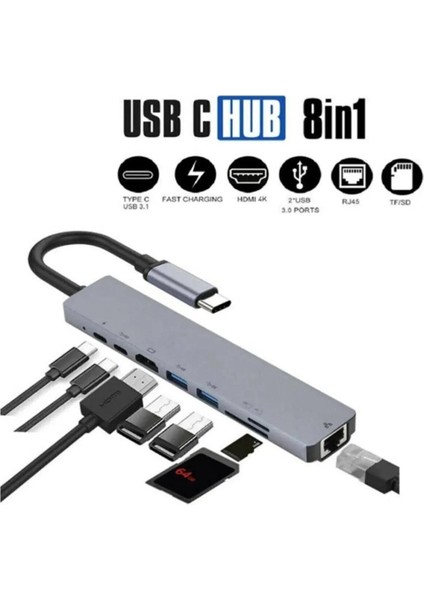 Macbook Pro Air USB Type-C Hub Dönüştürücü Çoklayıcı USB Hdmi, Tf, Sd, Pd, Ethernet Çevirici 8in1 Çevirici