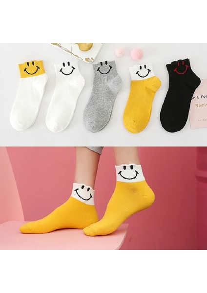 5li Emojili Gülen Yüz Unisex Yarım Konç Kolej Çorap
