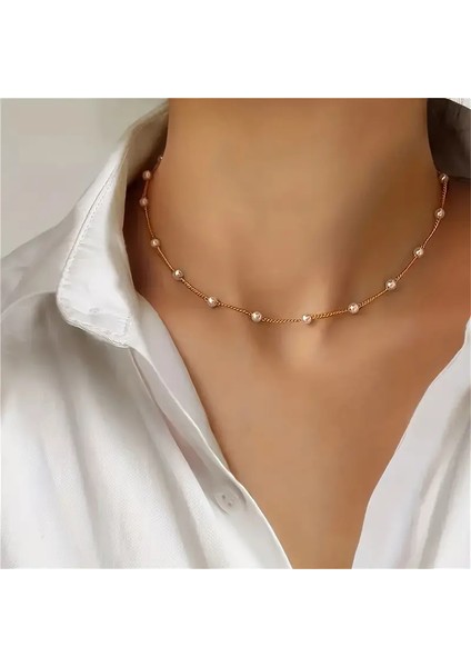 El Emeği Inci Kolye, Choker Inci Detaylı Altın Zincir Kolye