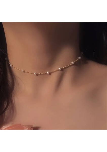 El Emeği Inci Detaylı Zincir Kolye, Choker Inci Kolye