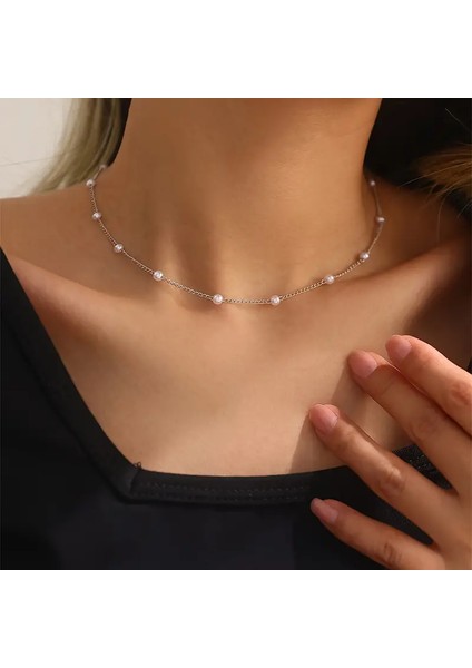 El Emeği Inci Detaylı Zincir Kolye, Choker Inci Kolye