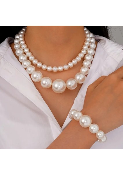 El Emeği Çift Sıra Inci Kolye, Choker Kolye, 2 Parça Kolye, Bileklik Hediyeli