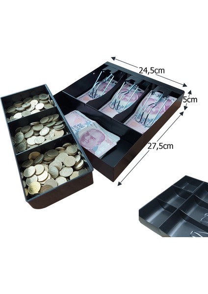 Full Rampalı Metal Para Çekmecesi İçi Düzenleyici 3 Banknot 3 Bozuk Para Gözlü 24,5X27,5X5CM