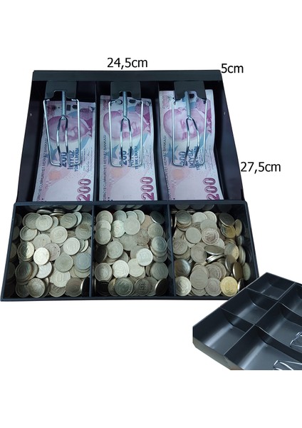 Full Rampalı Metal Para Çekmecesi İçi Düzenleyici 3 Banknot 3 Bozuk Para Gözlü 24,5X27,5X5CM