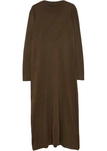 Moda Stil Fitted Bisiklet Yaka Maxi Boy Tesettür Nervür Detaylı Triko Elbise modelleri