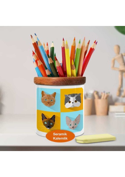 Cins Kedi Kolaj Ahşap Seramik Kalemlik - 2147509997
