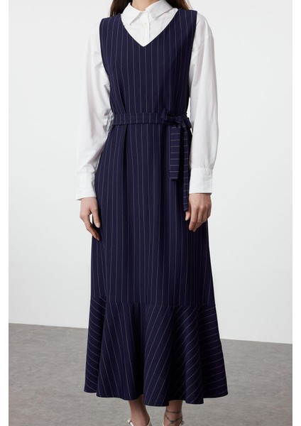 Moda Stil Relaxed V Yaka Uzun Tesettür Çizgili Dokuma Jile Elbise